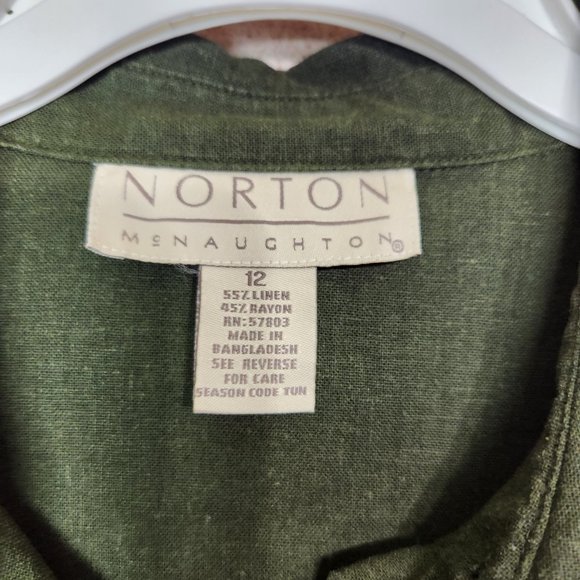 Norton McNaughton Button Up Shirt Women's Size 12 Green 3/4 Sleeve Linen Blend - Picture 6 of 13